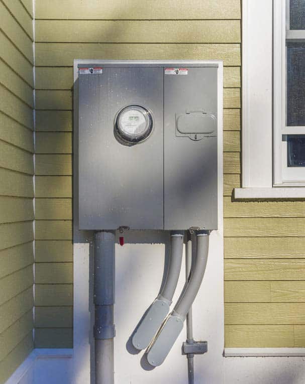 Electrical meter housed in a service panel including subpanels.